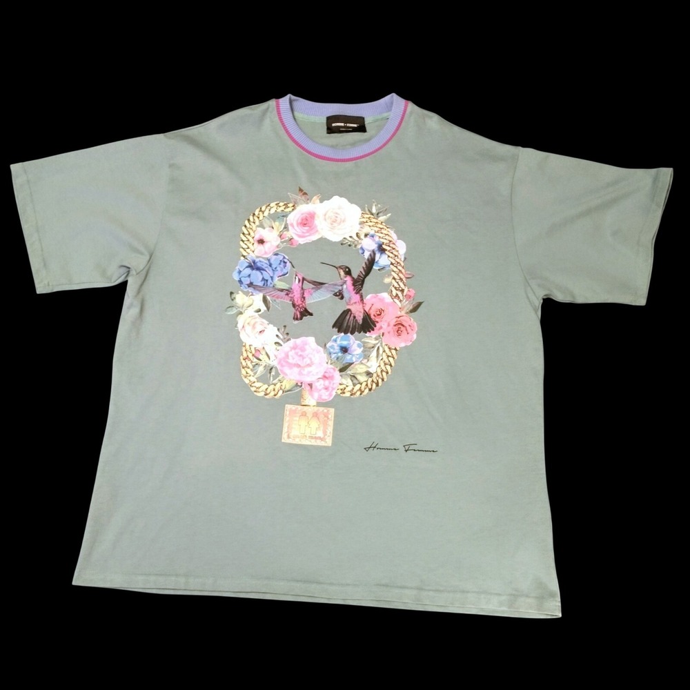 Homme + Femme Mens Sage Green Floral Hummingbird Graphic T-Shirt XXL Streetwear